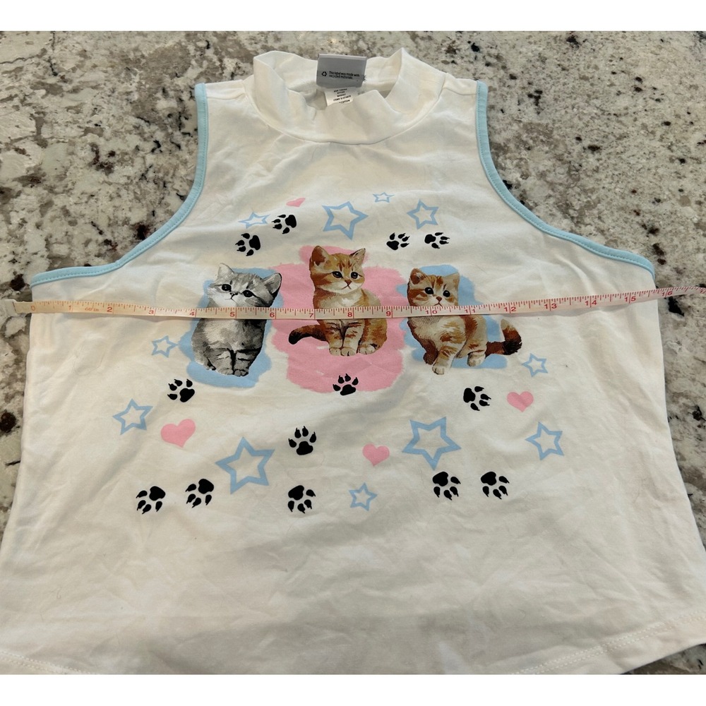 Sweet Society Kitten Paw Print Tank Top Women's Size M‎ White Blue Girlhoodcore